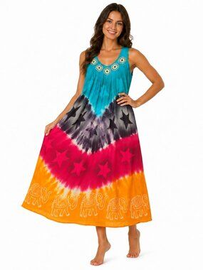 Women's Boho Tie Dye Dress One Size Fit All Colorful Beach Maxi Summer Sundress